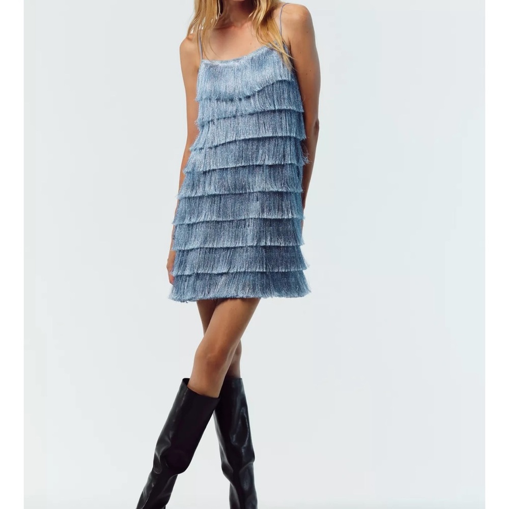 Zara Blue Fringe Mini Dress